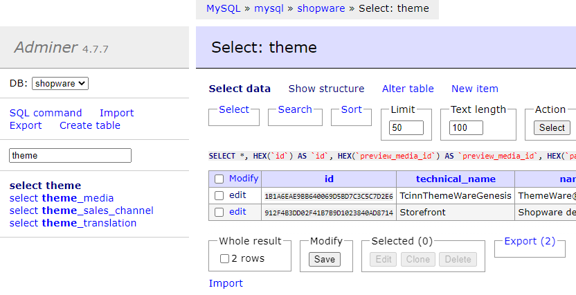 Editing the database with the Adminer, figure 4